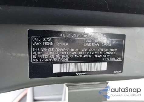 2008 Volvo S80 3.2 из США, поврежденный, VIN YV1AS982581073468